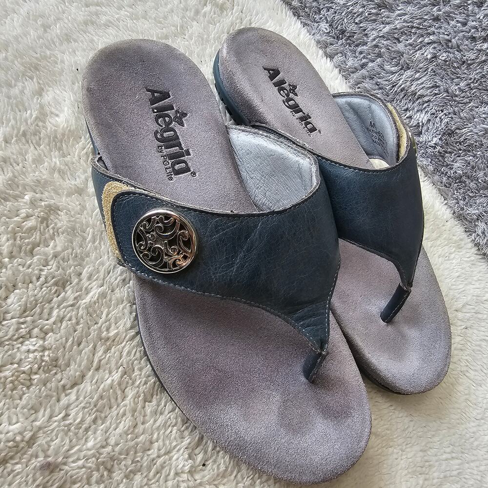 Alegria Women's Molly Jean Baby Leather Slip On Thong Sandals Size 6.5 Blue Boho